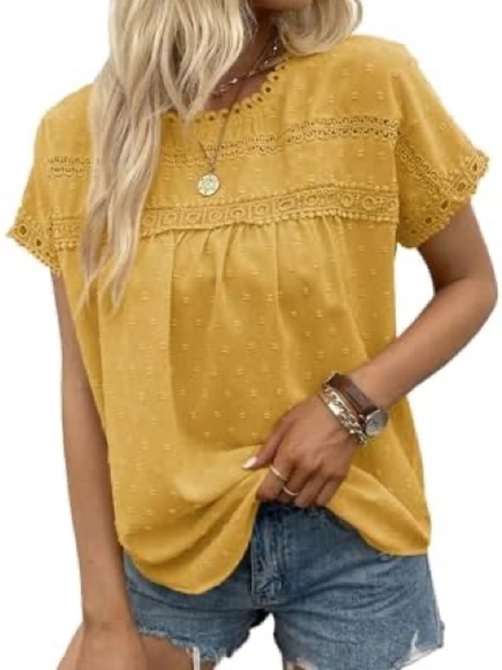 Yellow Lace-Trim Short Sleeve Women's Swiss Dot Top
